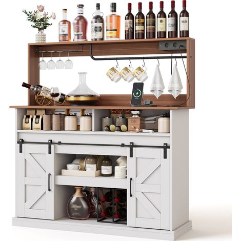 Buffet et enfilade-Bar café-Support verres/prises AC USB-Rangement-Cuisine/Salon-Portes coulissantes-120x40x121,5cm (1/5)