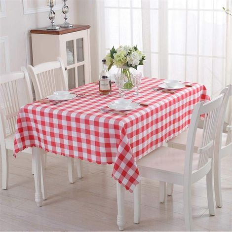 Nappe rectangulaire Topmail, anti-taches, lavable et imperméable, en polyester, motif carreaux rouges et blancs, idéale pour la table à manger. (1/5)