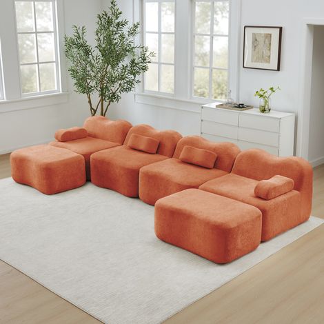 Sofá modular en U 384x167x70 cm naranja de terciopelo con 2 otomanas y diseño sin estructura (1/5)