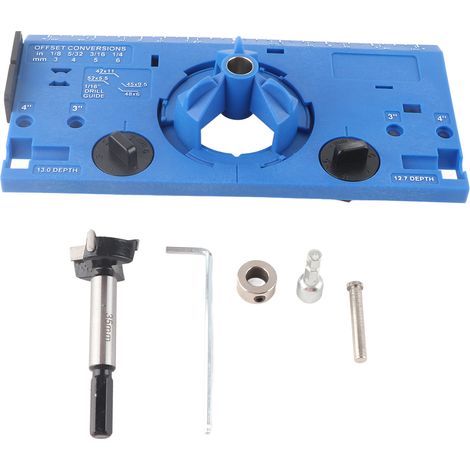 35-mm-Scharnierführungsbohrer, Bohrschablone für Holzscharnierlöcher, mit Fräser und 1/16-Zoll-Bohrer, blau.