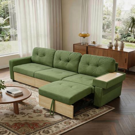 FloraGrace Canapé d angle modulaire L, 228 x 80 x 78 cm, velours vert, méridienne escamotable, rangement, USB (1/5)