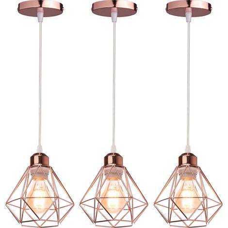 3er Pendelleuchte, Kronleuchter im Industri Stil, Antik Hängelampe mit Ø16cm Mini Diamant-Form Käfig E27 Halter für Wohnzimmer Schlafzimmer Esszimmer (Rosegold)