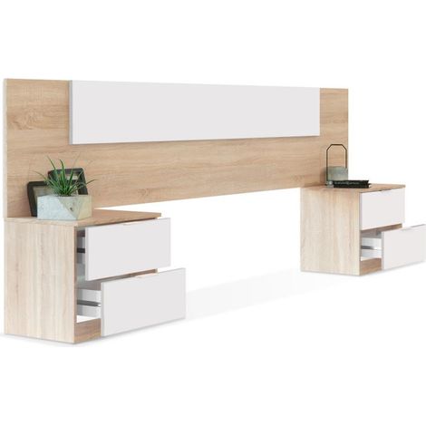 Cabecero Dormitorio Matrimonio con 2 mesitas Blanco y Roble con mesillas incluídas 247x95x38 cm (1/10)