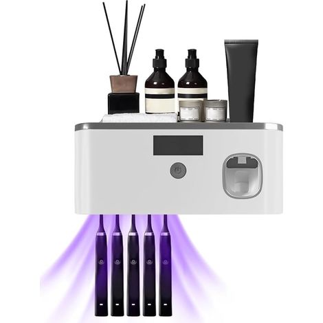 Support stérilisateur de brosses à dents UV avec minuterie, support nettoyant portable, fixation murale, rechargeable par USB, avec 5 emplacements — Stérilisateur électrique UV pour salle de bain (1/5)