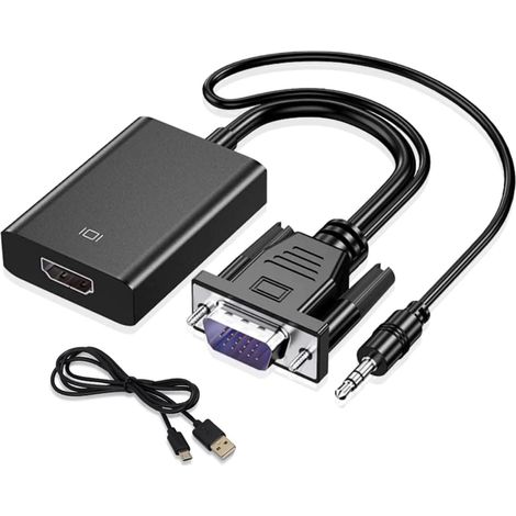 Adaptateur VGA vers HDMI, 1080P HD Convertisseur VGA Mâle vers HDMI Femelle Câble en Charge avec câble Audio 3,5 mm et câble d'alimentation USB pour PC et Laptop à HDTV