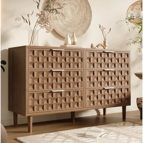 Cómoda 120 x 37 x 77 cm de MDF efecto roble, 6 cajones, tiradores metálicos DESVIAE (1/5)