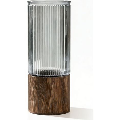 Vase artistique en verre et bois, base en bois, fleur cylindrique, style rustique bohème, pour cheminée, chambre à coucher, cuisine, salon, centre de table, bureau, nervuré (1/5)