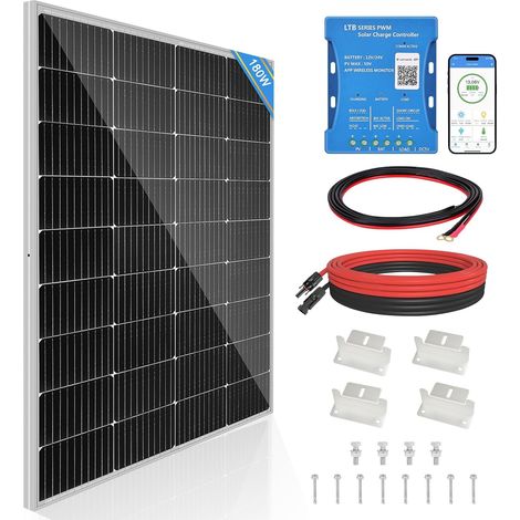 Panneau Solaire Monocristallin 180W 12V Régulateur Bluetooth 20A Câble 5m Z-Brackets Camping-cars Bateaux (1/5)