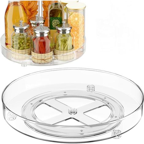 2 Pièces Plateau Tournant Cuisine Rotatif 360°, Transparent Plastique Étagère Lazy Susan Rangement Organisation Placard pour Epices Snack Bouteille, Cosmétique, Fruit Organisateur Frigo (23.5cm+27cm) (1/5)