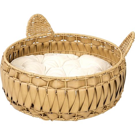 Panier en rotin pour chat, grotte féline avec coussin amovible, panier pour chat jusqu'à 10 kg, 50 x 50 x 25 cm, marron clair (1/5)