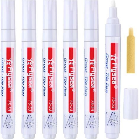 Lot de 6 stylos de réparation pour joints de carrelage mural et de sol (blanc), pour la restauration des murs, sols, salles de bain et cuisines. (1/5)