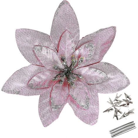 12er-Packung 15 cm große, rosafarbene, glitzernde Weihnachtssternblüten, dekorative künstliche Weihnachtssternblüten für (1/5)
