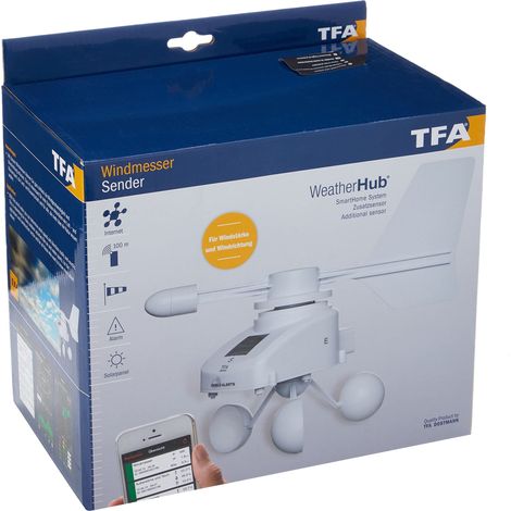 Anemometro radio solare TFA Dostmann Weatherhub, 30.3307.02, monitoraggio tramite smartphone, bianco (1/4)