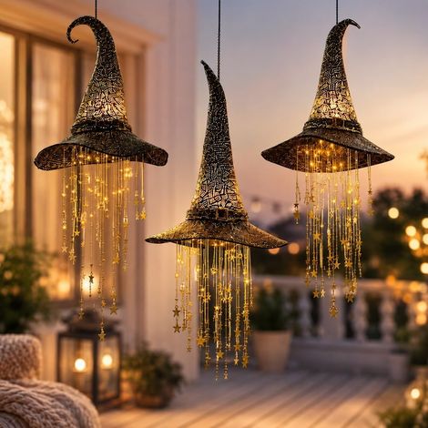 3 pièces Décoration Halloween Suspendue, Chapeau de Sorcière Lumineux LED avec Étoiles en Cascade et Maille Noire pour Fenêtre et Porche (1/5)