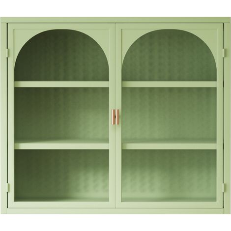 Meuble mural 2 portes vitrées 70x60x23 cm en métal vert, 3 étagères, HOMVRA (1/5)