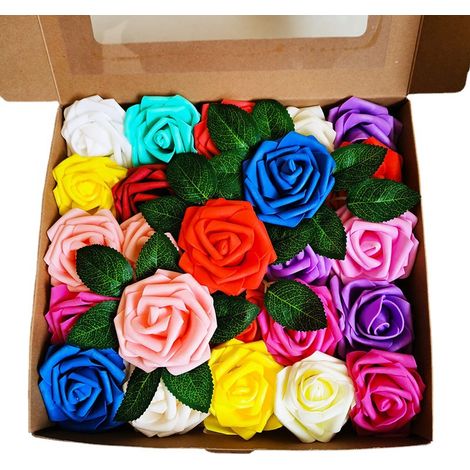 Fleurs Artificielles Simulées Roses Douces - Bouquets Décoratifs (25 Roses + 6 Feuilles, Tête 8cm, Stem 17cm) - Haute Qualité Polyuréthane Souple, Réutilisable pour Mariage et Fêtes (1/5)