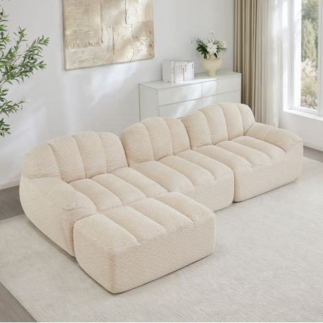 Divano angolare modulare 3 posti con ottomana, 288 x 165 x 79 cm, pile granulato beige bianco (1/5)