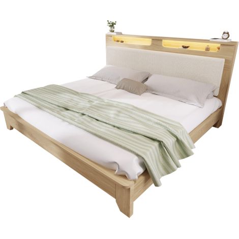 Doppelbett Holzbett , Kopfteil mit Stauraum, LED-Beleuchtung und Beigefarbener Cordpolster-Rückenlehne, Bettrahmen mit Holzlatten, Heller Eiche(Ohne Matratze&Bettbank) (1/5)