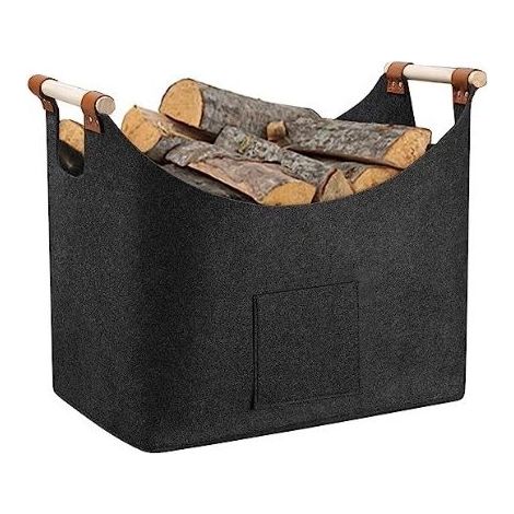 Panier à bûches en feutre – Capacité 13 kg – Dimensions 45 x 32 x 40 cm – Poignée en bois avec revêtement cuir – Rangement bois cheminée (1/5)