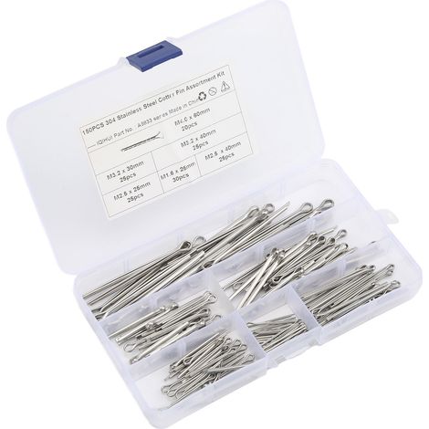 Kit de goupilles fendues en acier inoxydable, 6 tailles : M1,6x25, M2,5x25/40, M3,2x30/40, M4x60, pour réparations automobiles, camions, garages et ateliers (150 pièces/ensemble). (1/5)