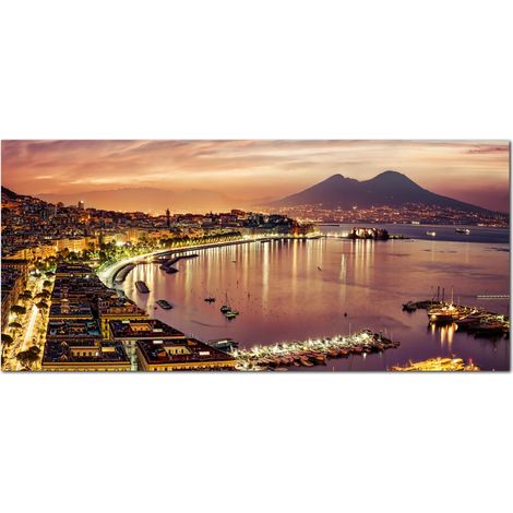Lupia - Quadro moderno su Tela Canvas DEEP 65X143 cm, con paesaggi e localismi italiani, per casa, soggiorno, capezzale camera da letto, hotel, ufficio, NAPOLI - VESUVIO NIGHT (1/4)