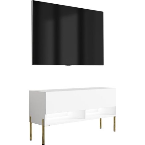 Meuble TV 100 cm Blanc Mat, pieds droits dorés, LED blanche, 100 × 32 × 52 cm (1/5)