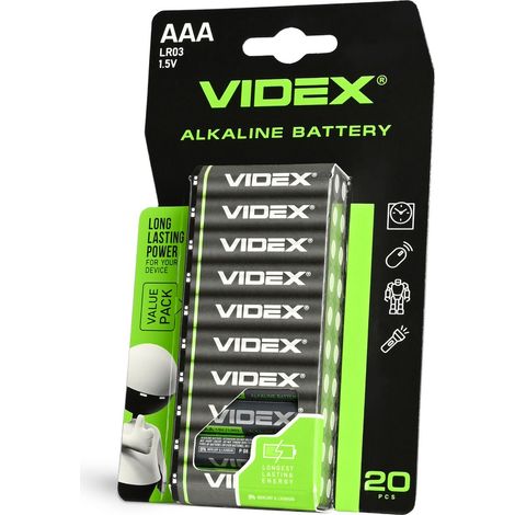 Confezione da 20 batterie alcaline potenti Videx AAA LR03 1.5V 1200 mAh, formato grande.