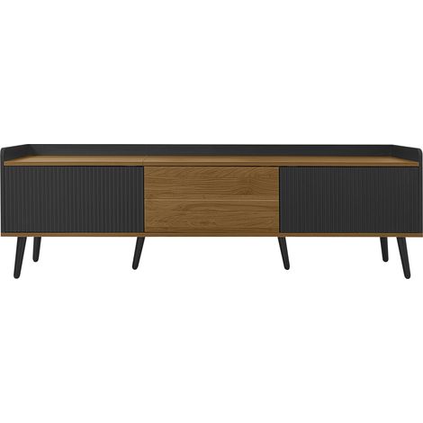 Mueble TV de 3 puertas en MDF y aglomerado, negro y madera natural, 160 x 39 x 49,5 cm (1/5)