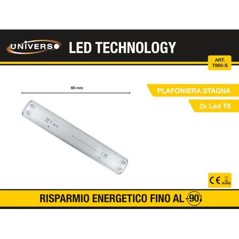 Plafoniera per 2 Tubo Led Cablata Stagna 60cm IP65 P-T8-60-S