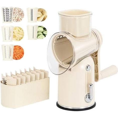 Käsereibe mit Handkurbel, Gemüsehobel mit 5 austauschbaren Klingen, Trommelreibe und Eiszerkleinerer für Smoothies, leicht zu reinigen und schneller zu schneiden