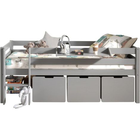 Pack - Lit Enfant Surélevé, 3 Tiroirs & Étagère "Pino" Gris (1/5)