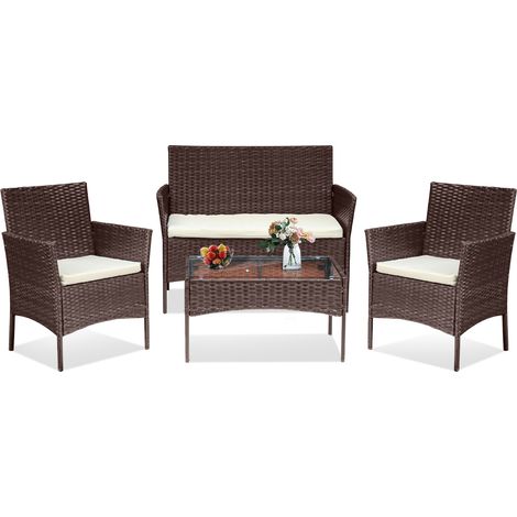SWANEW Set di mobili da giardino in polyrattan - Set di mobili da balcone con tavolo, divano e 2 sedie - Gruppo di sedute 4 persone marrone con cuscini (1/5)