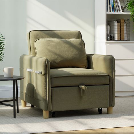 Sillón Cama Individual 3 en 1 Sofá Cama Plegable con Respaldo Ajustable y Cojín para Salón 74x85,5x82 cm Verde Oscuro (1/5)