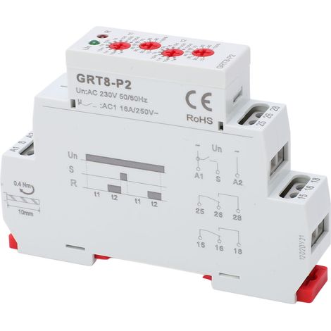 Relais temporisé rail DIN industriel 230V avec témoin lumineux, sortie impulsion, minuterie électronique programmable, montage sur rail, temporisateur à impulsions, alimentation 230V CA. (1/5)