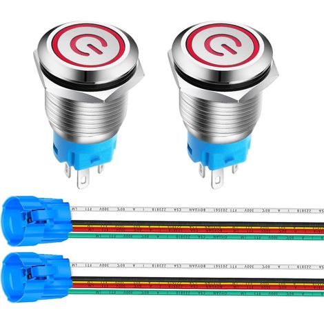 2pièces 16mm Acier Inoxydable Verrouillage Bouton Poussoir Interrupteur, LED de Symbole d'alimentation 12V-24V 5A Interrupteur à Levier Étanche avec Fiche à Douille (LED Rouge) (1/5)