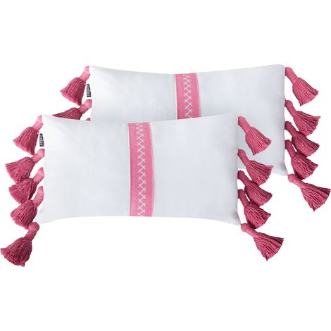 Conjunto de 2 cojines decorativos de algodón con borlas rosas rectangular blanco y rosa 30 x 50 cm Lovely