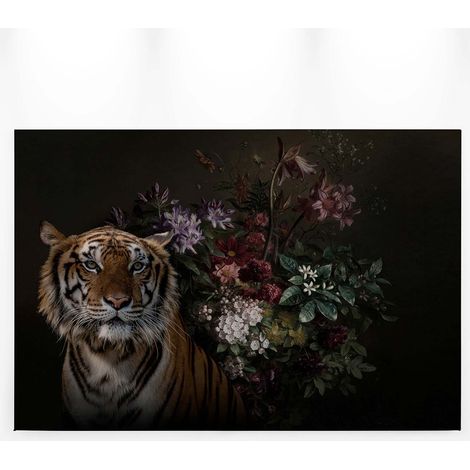 Tableau tigre et fleurs colorées sur fond noir | Tableau animaux moderne pour salon | Tableau sur toile réaliste pour couloir 0,9 x 0,6 m (1/5)
