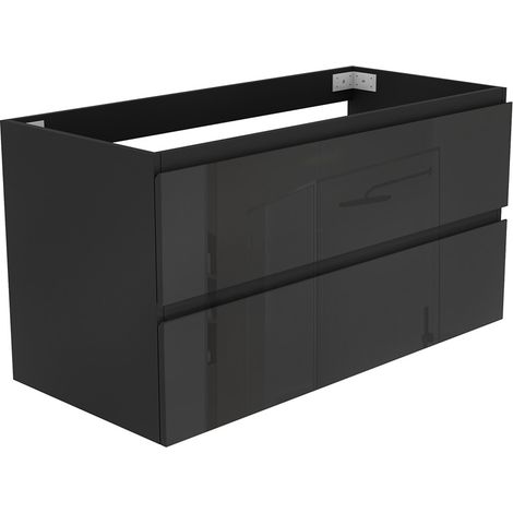 Meuble de Salle de Bain Brillant 100cm avec 2 tiroirs, Meuble sans vasque, Noir