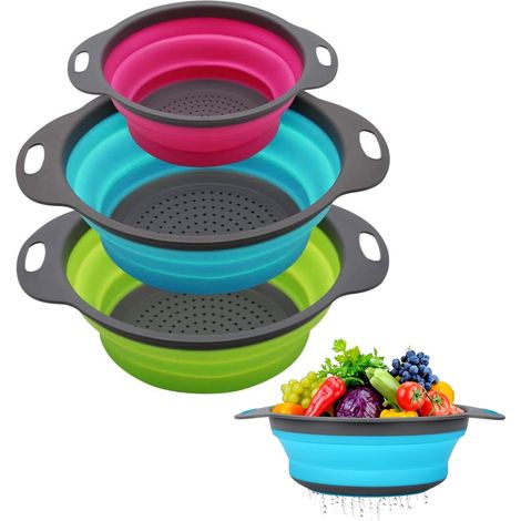 Ensemble de 3 passoires télescopiques pliables en silicone avec poignée, pour égoutter les fruits et légumes, idéales pour la cuisine, la maison ou le restaurant. Coloris : bleu, rouge et vert. (1/5)