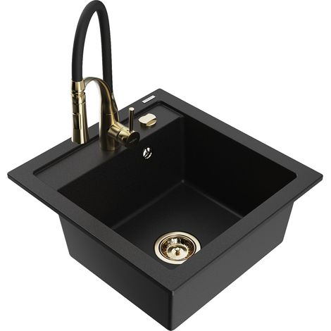 Mexen Vito évier en granit 1 bac avec robinet de cuisine Aster, noir - 6503-77-73450-57-G (1/5)