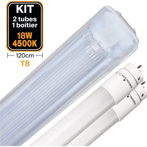 Kit 2 Tubes LED T8 18W Blanc Neutre + Boitier Etanche 120cm (1/5)