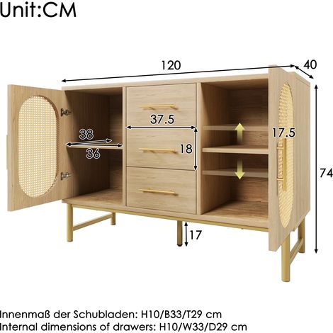 Commode rotin 3 tiroirs 2 portes rotin coiffeuse chambre salon étagères réglables anti-basculement 120 x 40 x 74 cm chêne Sonoma.
