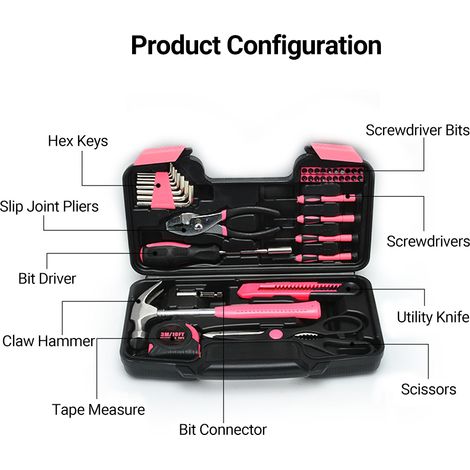 Kit de 39 outils de base pour la maison avec boîte à outils en plastique, ensemble d'outils à main portable et léger, trousse de dépannage avec outils universels (1/4)