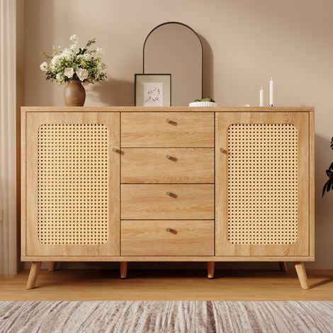 Buffet commode 140x40x86 cm Buffet Bahut avec 4 tiroirs 2 portes, rangement aspect rotin étagères réglables pour salon salle à manger - chêne clair (1/5)