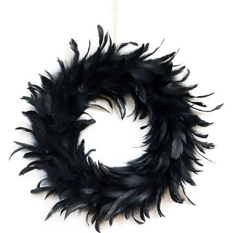 ARAMOX couronne d’Hallowmas Couronne de plumes noires 40cm, accessoire Photo d'halloween, décor de porte d'entrée, linge fete (1/3)