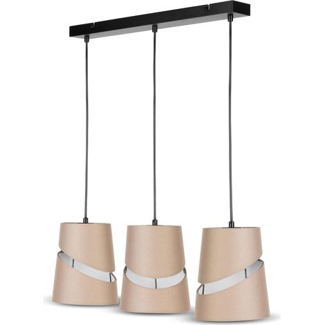 Suspension à 3 ampoules E27. Plafonnier de salon (L x l x H) 60 x 16 x 120 cm - suspension réglable. Abat-jours Ø 16 cm, beige (1/4)