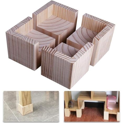 Lot de 4 Élévateurs de Meubles Rehausseurs de Meubles en Bois Lit de Bureau Riser Meubles Pieds de Levage Pieds jusqu'à pour Ta (1/4)