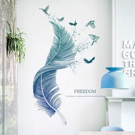Stickers muraux PLUME en bleu (124×72 cm) I décoratifs sticker mural Oiseaux Poster moderne I Déco pour salon chambre cuisine couloir meubles bains carrelage adulte ado enfant (1/5)