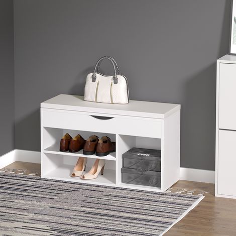 Panca porta scarpe HOMCOM con seduta, scarpiera moderna per ingresso con cassetto, ripiani a giorno e 1 cuscino per corridoio, 80x30x47cm