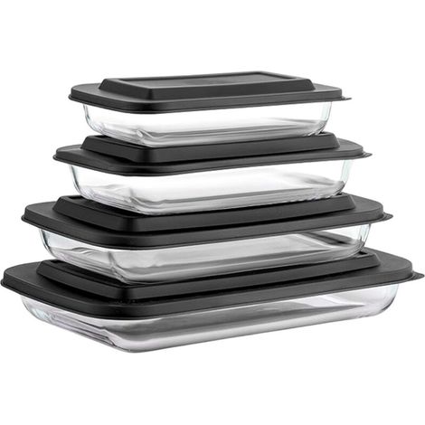 Ensemble de 8 plats à four en verre avec couvercle (noir) Grands plats à four en verre avec couvercles